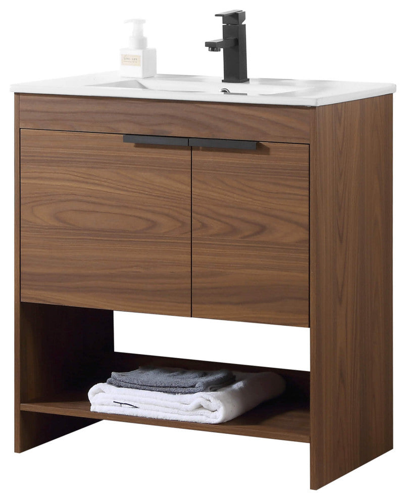 Phoenix Bath Vanity With Ceramic Sink - Full Assembly Required, Walnut, 30 Inch