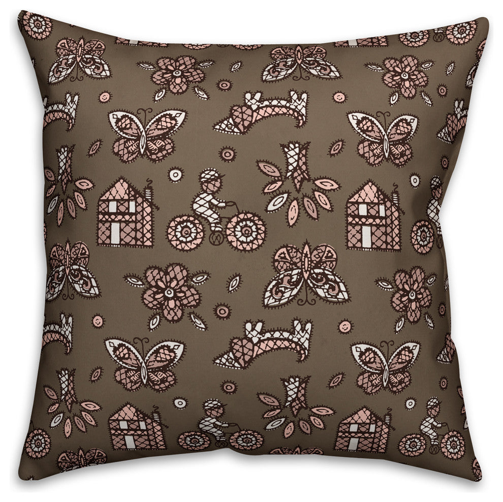 Kids Whimsical Folk Pattern, Pink Throw Pillow Cover, 20"x20"