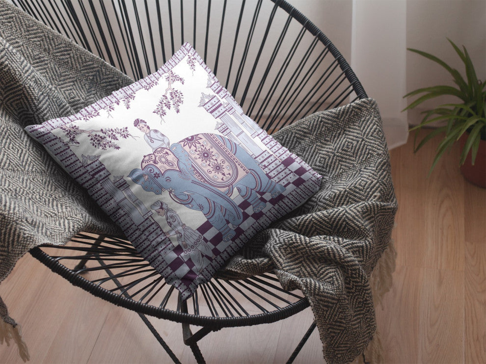 20" Blue Purple Ornate Elephant Suede Throw Pillow