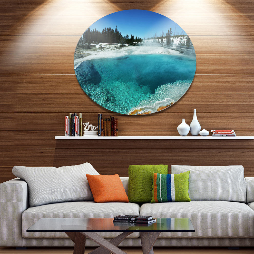 Fantastic Blue Yellowstone Lake, Landscape Round Metal Wall Art, 23"