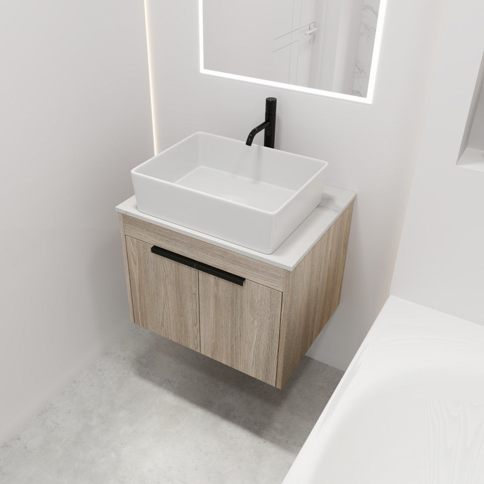Wall-Mounted Bath Vanity, White Oak, White Ceramic Vessel Sink
