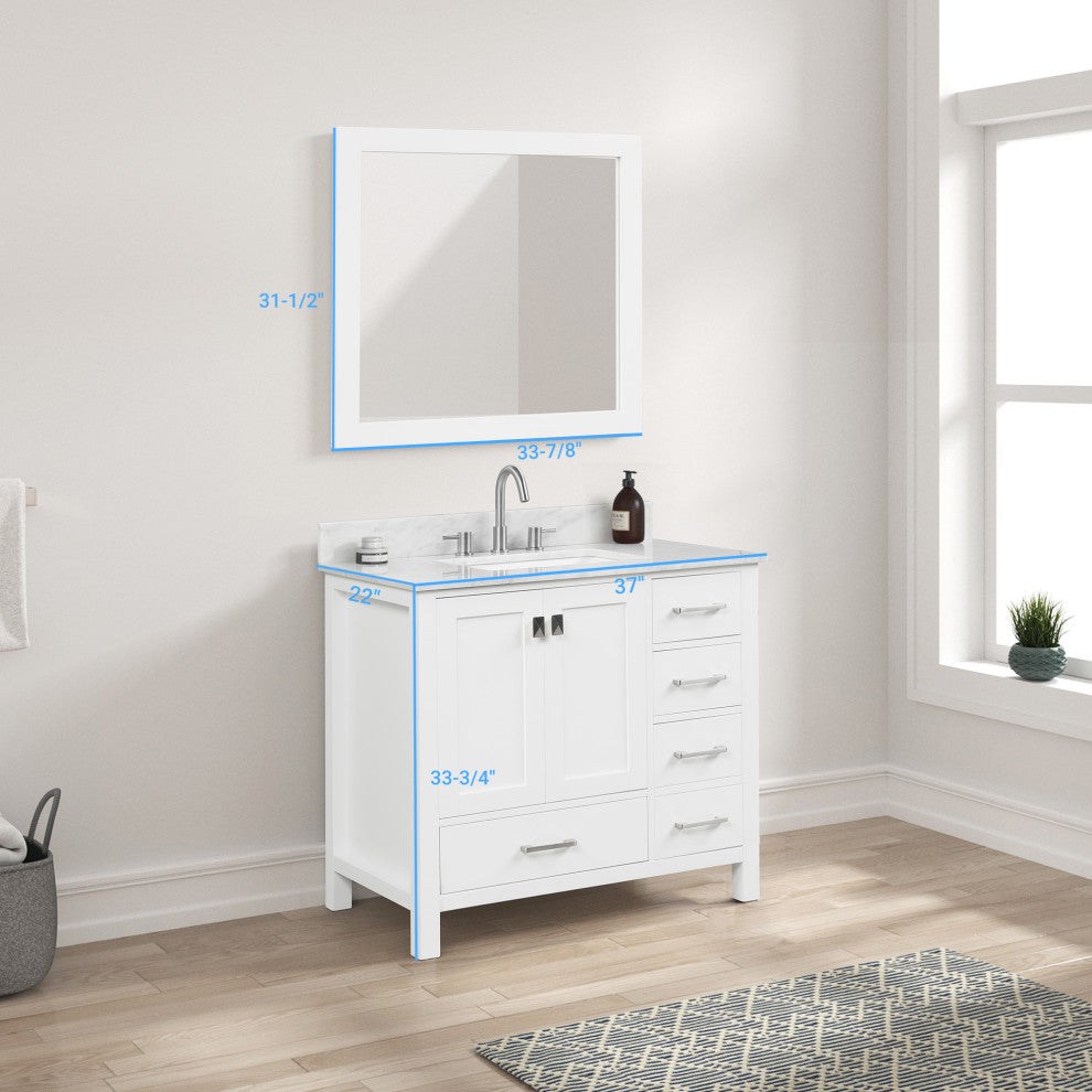 Freestanding Bathroom Vanity With Marble Countertop and Undermount Sink, White, 36" With Sink and Mirror