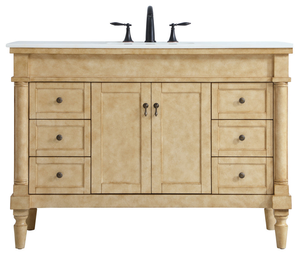 48" Single Bathroom Vanity, Antique Beige With Ivory White Engineered Marble
