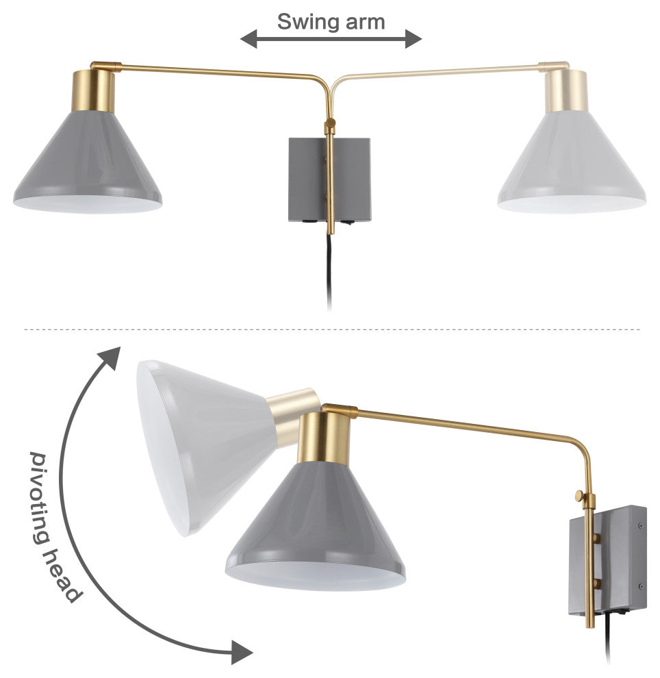 Max Swing Arm 1-Light Modern Midcentury Iron USB Charging Port LED Sconce, Gray