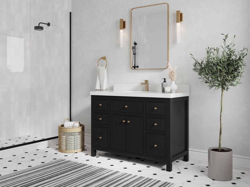Sonoma 48 Single Sink Reeded Bath Vanity in Black 2" Empira White