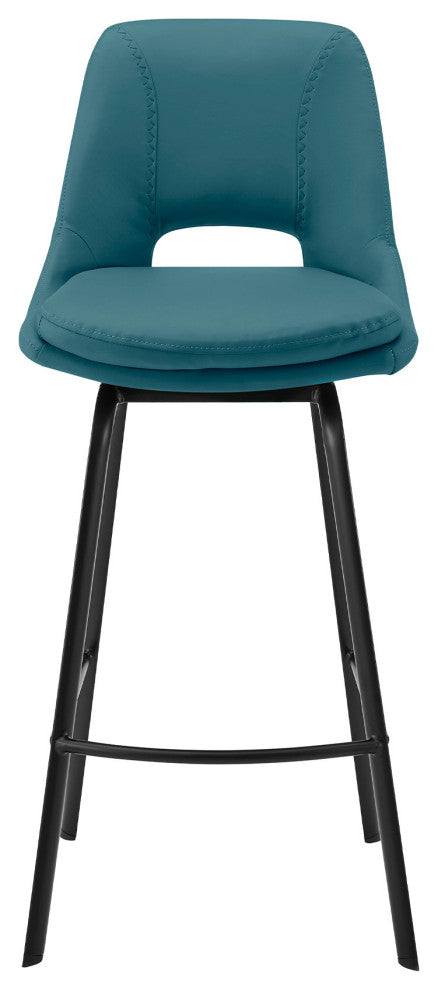 26" Elegant Blue Faux Leather and Black Metal Armless Swivel Counter Stool
