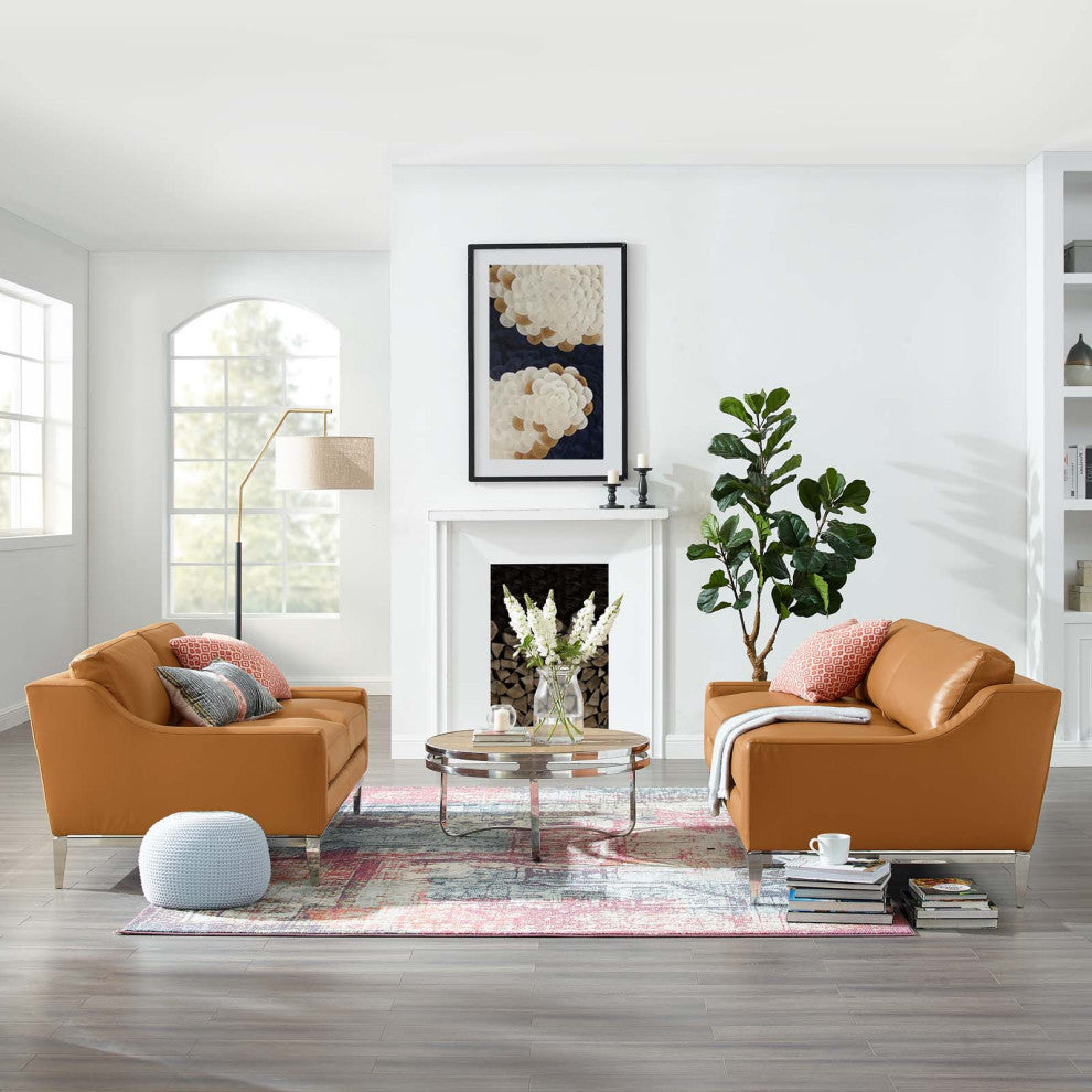 Loveseat and Sofa Set, Leather, Tan, Modern, Living Lounge Hotel Hospitality