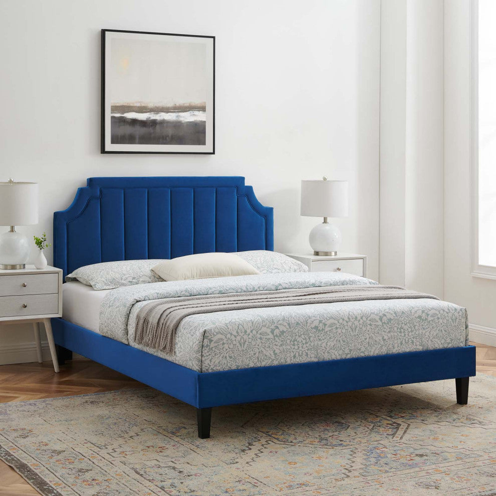 Platform Bed Frame, King Size, Velvet, Blue Navy, Modern Contemporary, Bedroom