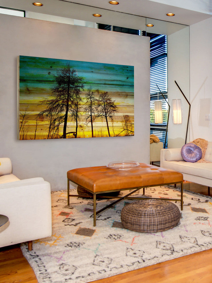"Emerald Sky" Print on Natural Pine Wood, 36"x24"