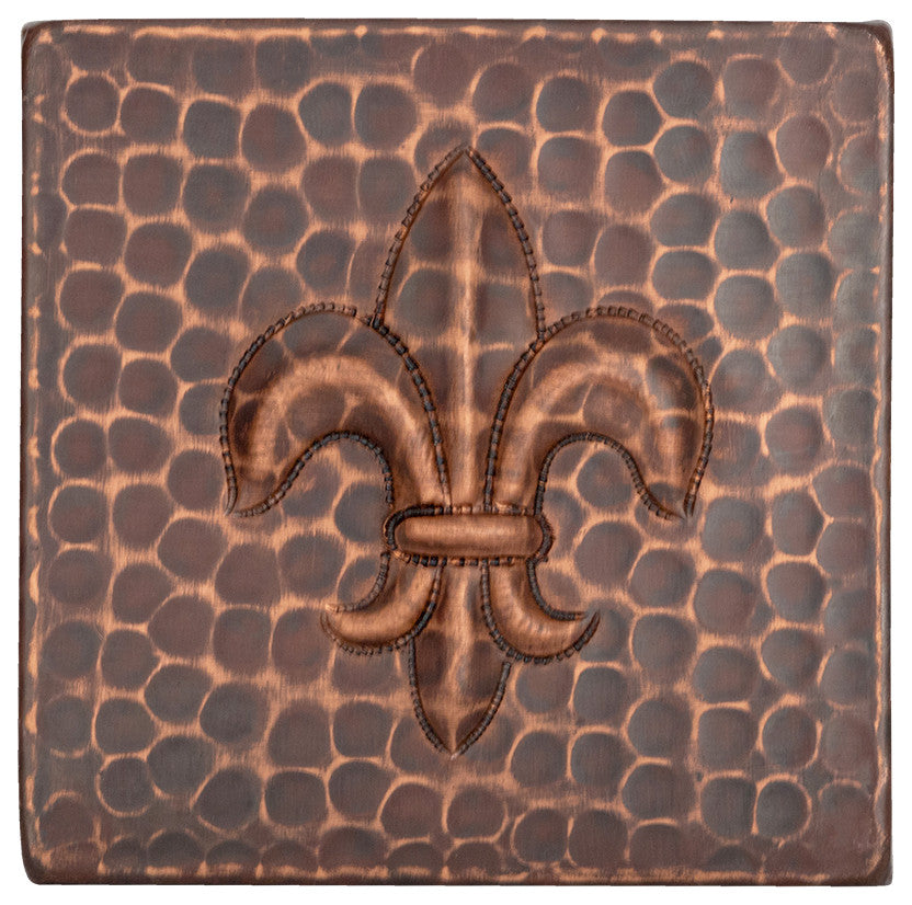 Hammered Copper Fleur De Lis Tile, 4"x4", Set of 4