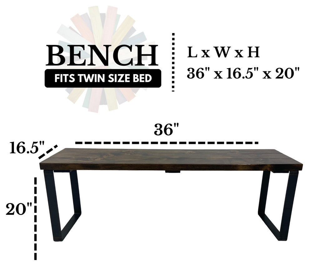 Bedroom or Entryway Bench, Heavy Duty Industrial Metal Legs, Dark Brown, Length 36", Fits Twin Bed