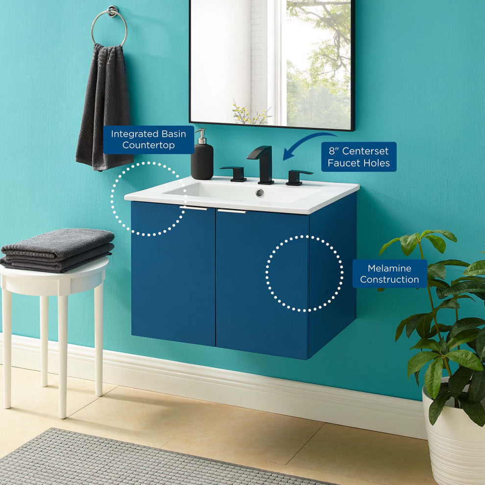 Sink Vanity Cabinet, Wall Mounted, Melamine, Blue Navy White, Modern, Bathroom