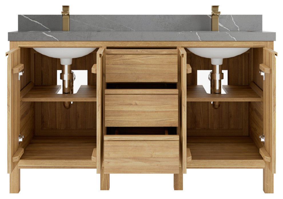 Elizabeth 60 Double Bathroom Vanity in Light Natural Teak 2" Piatra Gray