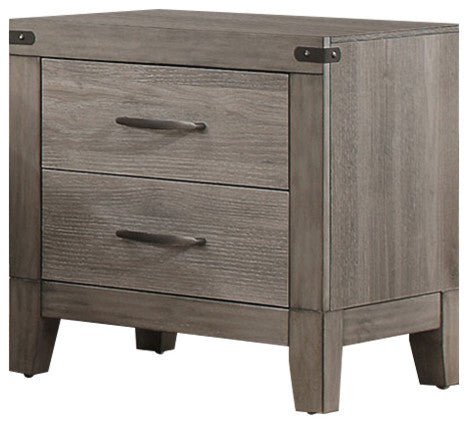 Benzara BM181921 2 Drawer Night Stand With Metal Handle, Weathered Gray