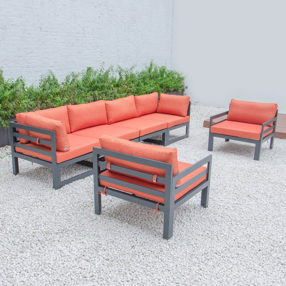 LeisureMod Chelsea 6-Piece Patio Armchair Sectional Black Aluminum, Orange