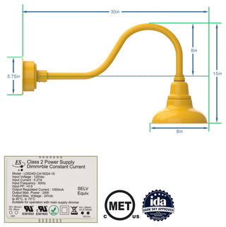 8in.  Yellow Gooseneck Barn Light with Contemporary Arm