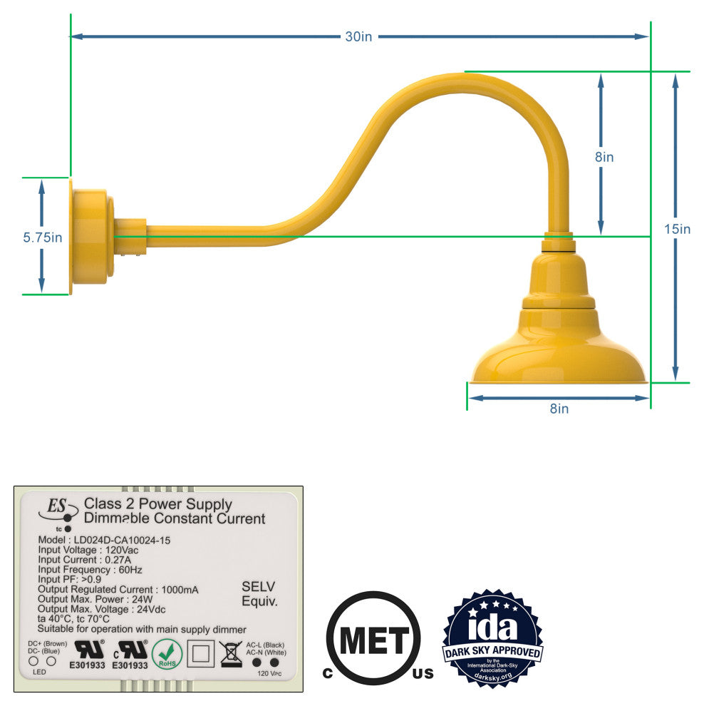 8in.  Yellow Gooseneck Barn Light with Contemporary Arm