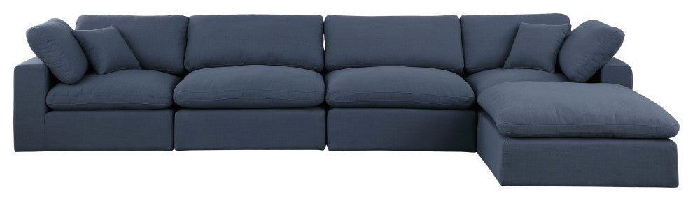 Comfy Upholstered L-Shaped Modular Sectional, Navy, 5-Piece: 2 Armless Chair, 2 Corner Chair, 1 Ottoman, Linen Textured Fabric
