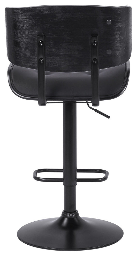 Adjustable Black Tufted Faux Leather and Black Wood Swivel Barstool.