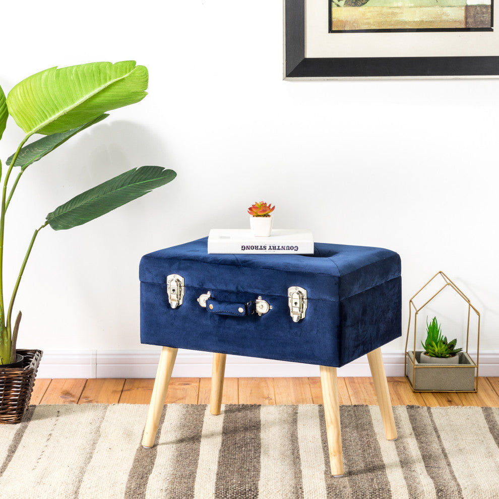 19.70" Navy Blue Velvet Upholstered Storage Stool