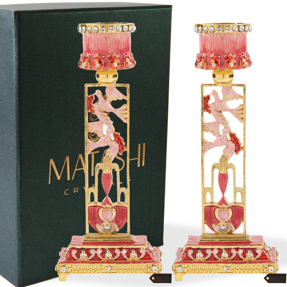 Matashi Shabbat Candlestick Holder (2-Piece Set) Hand-Painted,  Pewter(Red)