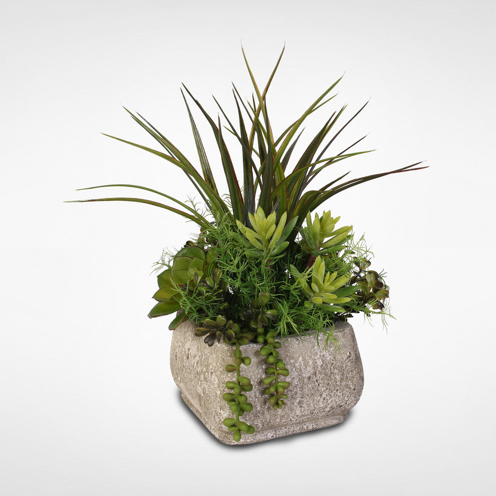 Artificial Succulent Arrangement With Grass in a Stone Pot