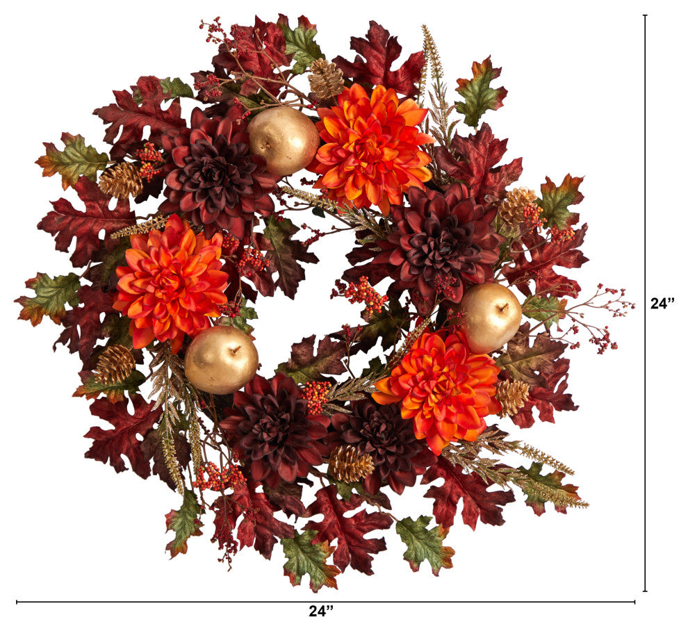 24" Fall Dahlia, Golden Apple, Oak Leaf and Berries Autumn Artificial Wreath