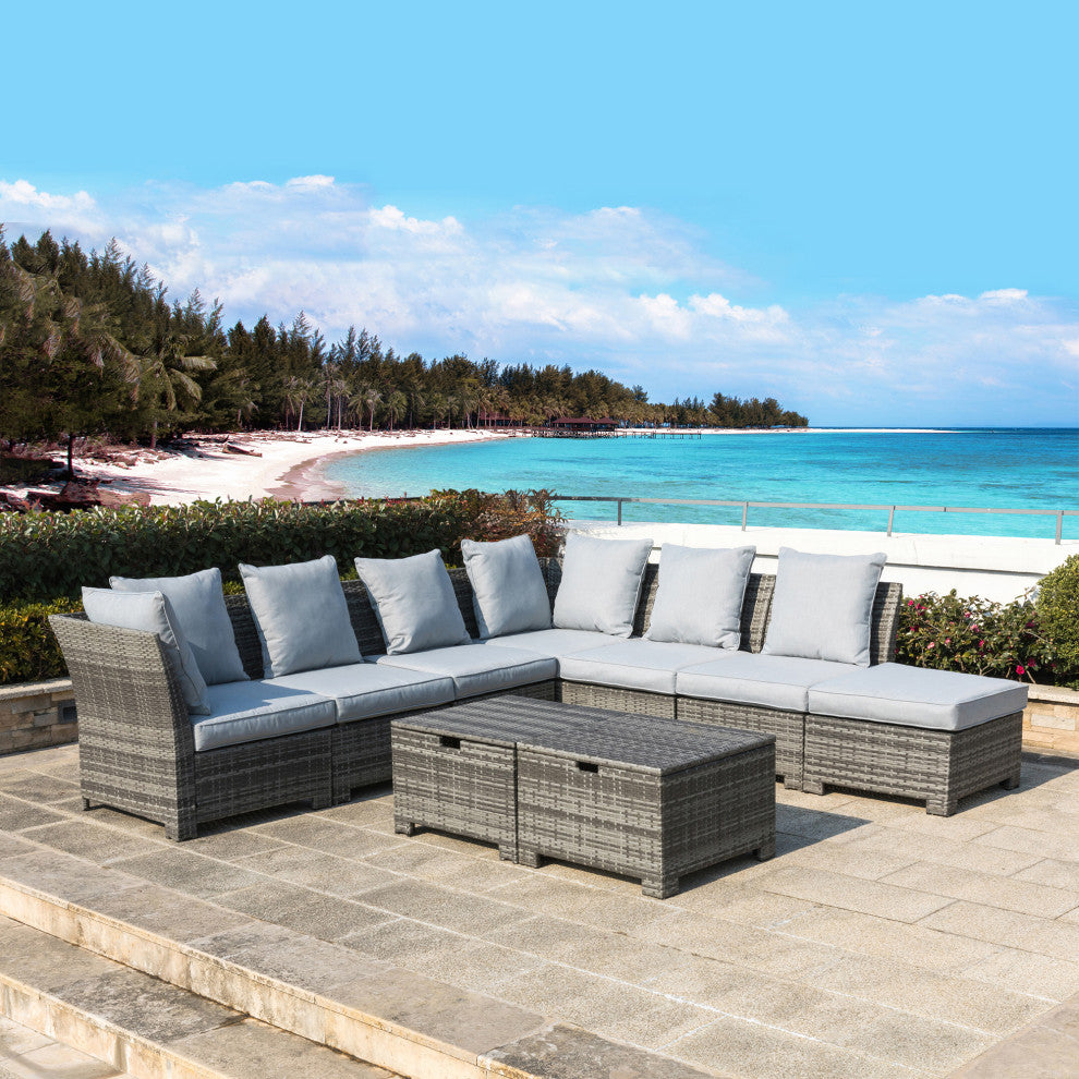 9 Piece Outdoor Patio All-Weather Wicker Sectional