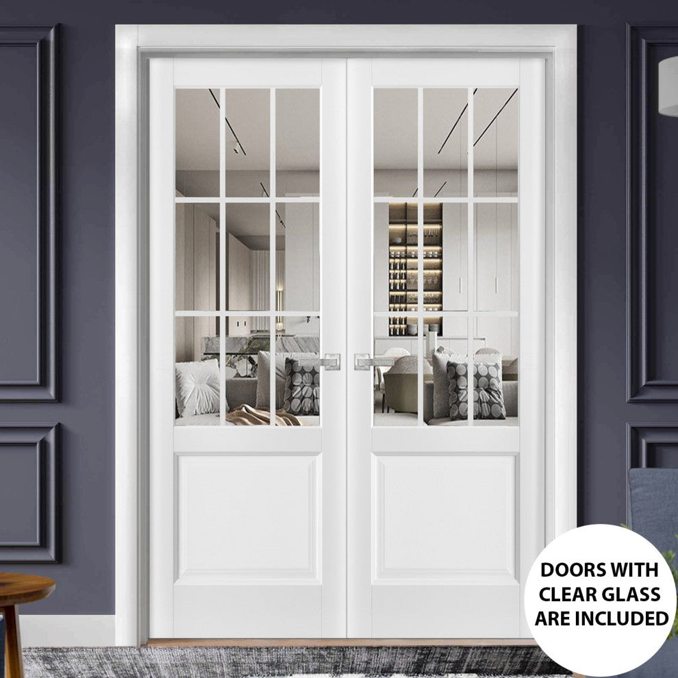 Interior French Double Doors|Felicia 3599 White Silk with Clear Glass -64x80