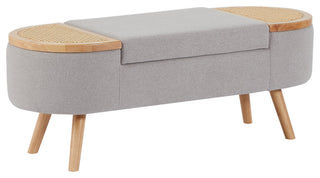 Wood Ottoman Storage Bench with Rattan,Linen Seat, Grey