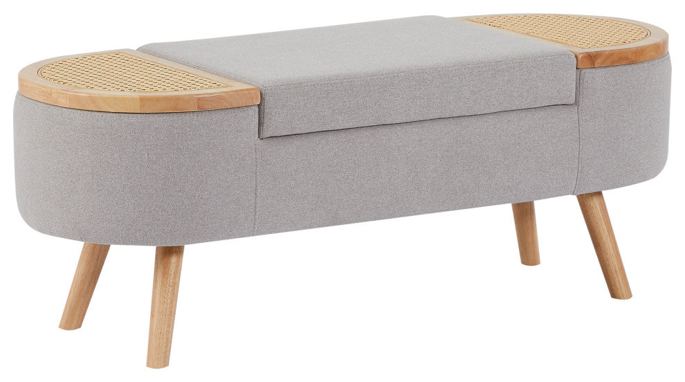 Wood Ottoman Storage Bench with Rattan,Linen Seat, Grey