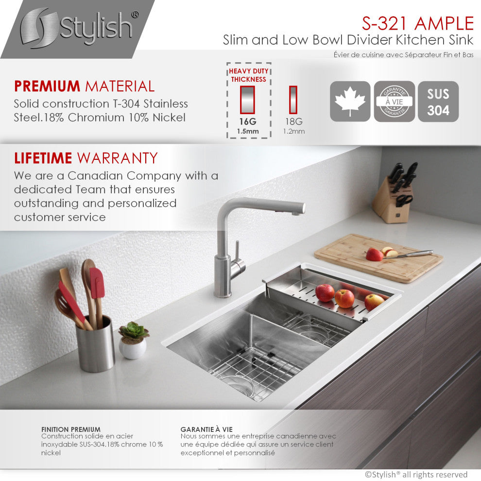 STYLISH 32"L x 18"W Stainless Steel Low Divider Undermount Kitchen Sink