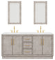 72 Double Sink White Marble Vanity, Gray Oak With Gooseneck Faucets and Mirrors