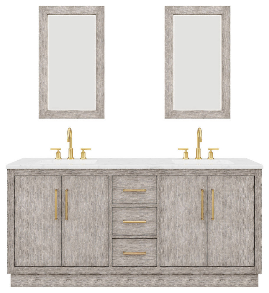 72 Double Sink White Marble Vanity, Gray Oak With Gooseneck Faucets and Mirrors
