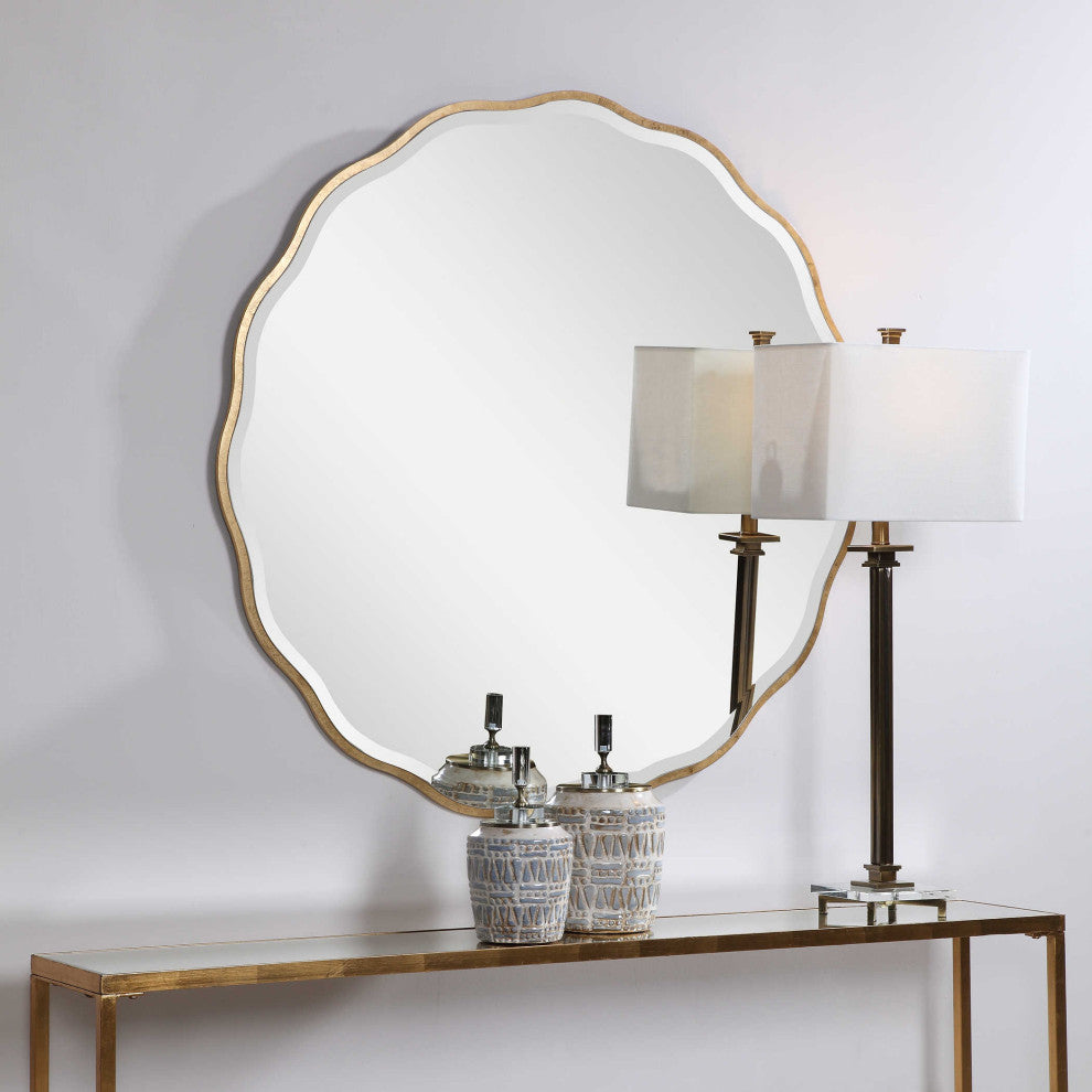 Uttermost Aneta Round MDF Wood and Glass Mirror in Aged Gold