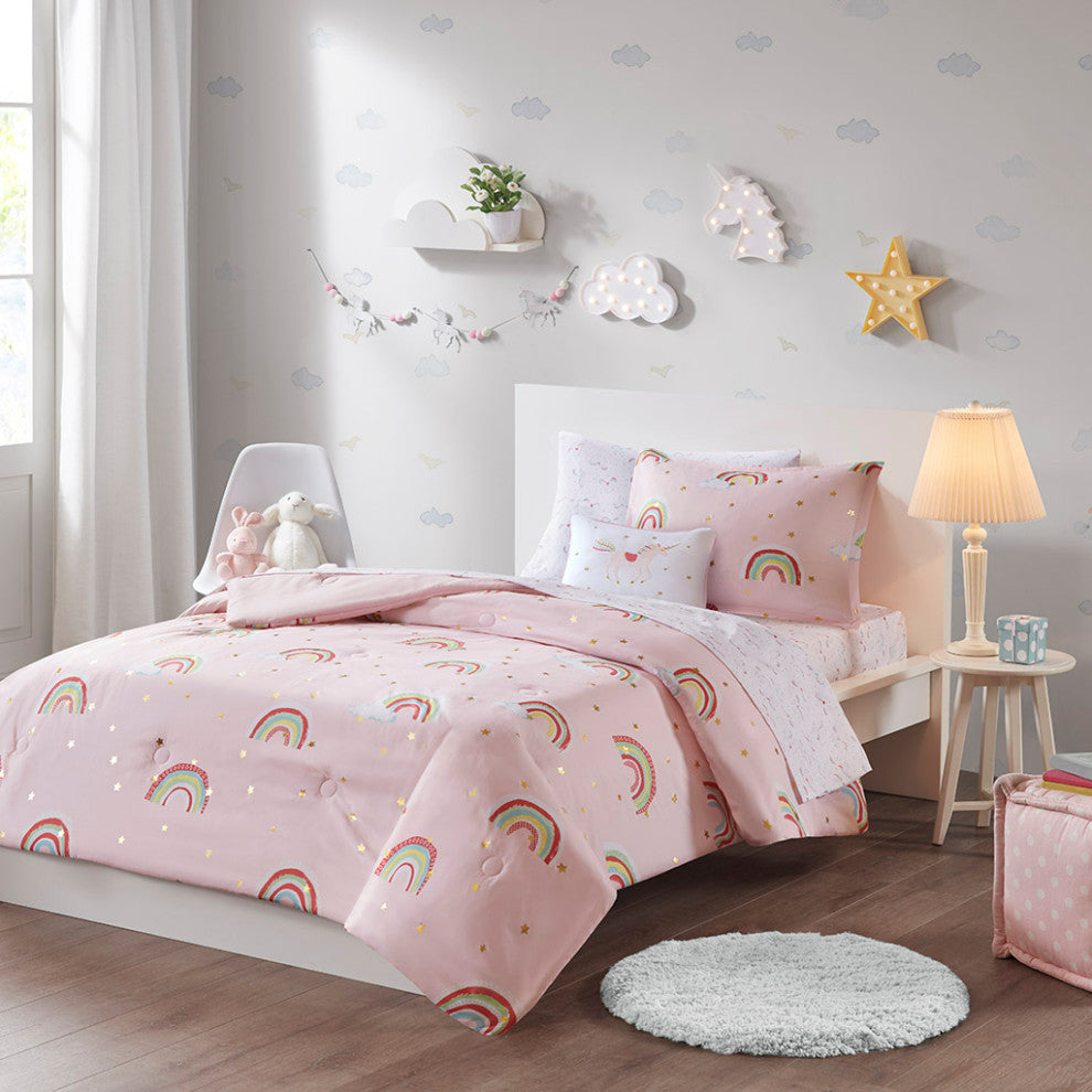 Mi Zone Kids Alicia Unicorn Gold Stars Complete Comforter and Sheet Set, Twin, C