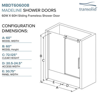 Transolid Madeline 60"x60" Frameless Shower Door with Fixed Panel in Matte Black