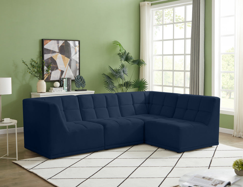 Relax Velvet Upholstered 4-Piece L-Shaped Modular Sectional, Navy