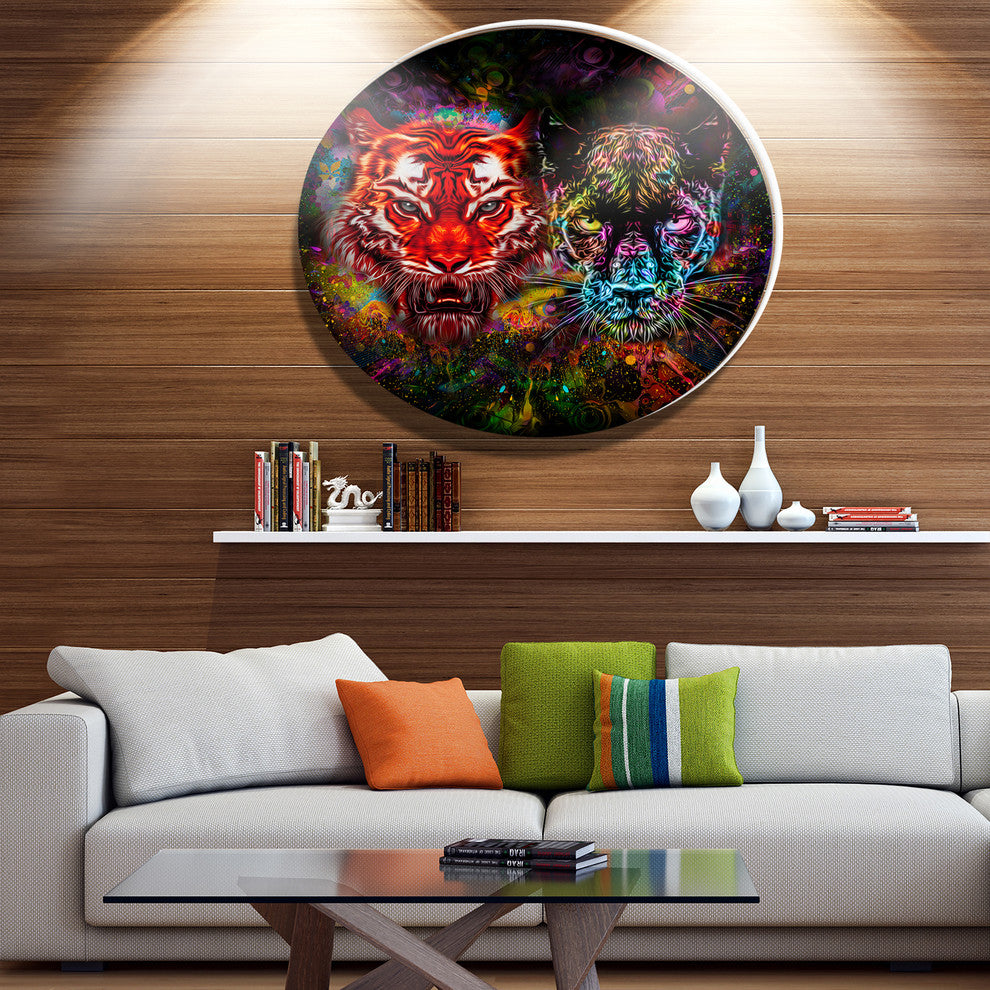 Tiger And Panther With Splashes, Animal Round Wall Art, 23"