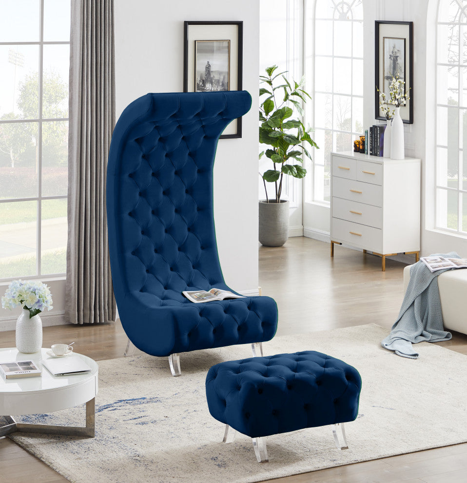 Crescent Velvet Upholstered Rounded Accent Chair, Navy