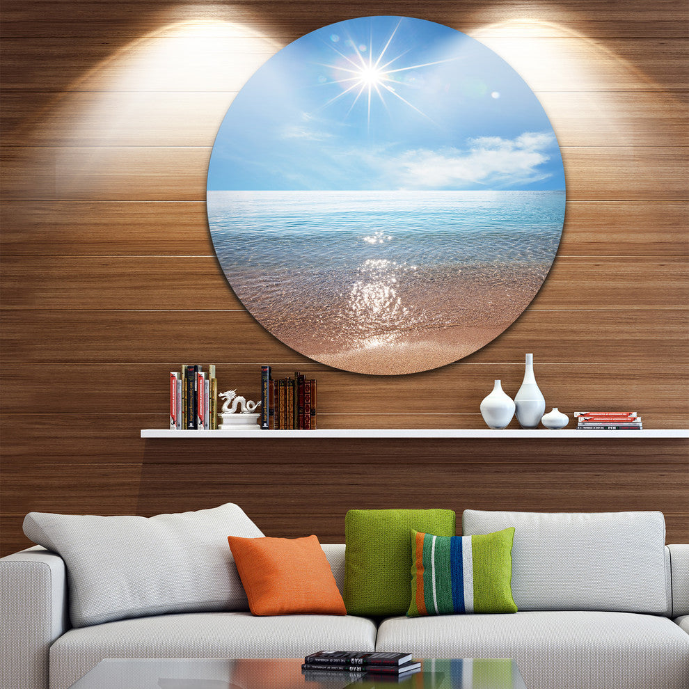 Serene Seascape With Bright Sun, Modern Beach Disc Metal Artwork, 23"