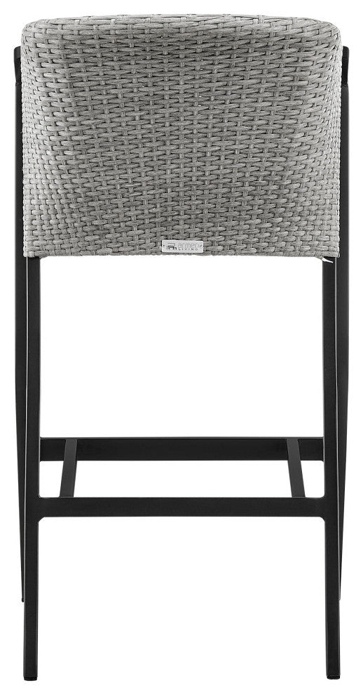 Aileen Patio Counter or Bar Height Stool, Metal and Wicker With Gray Cushions, Bar Height