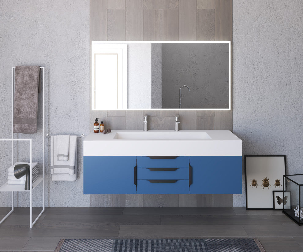 CastelloUSA Nile 60" Wall Mounted Vanity Set, Blue, White Top, Black Handles