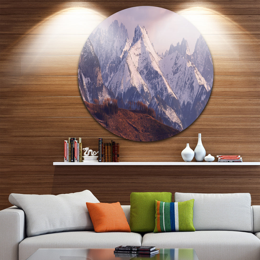 Snowy Tatra Mountains In Spring, Landscape Disc Metal Artwork, 23"