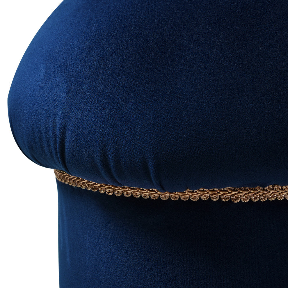 Ellen Tufted Bullion Trim Ottoman, Navy Blue & Gold