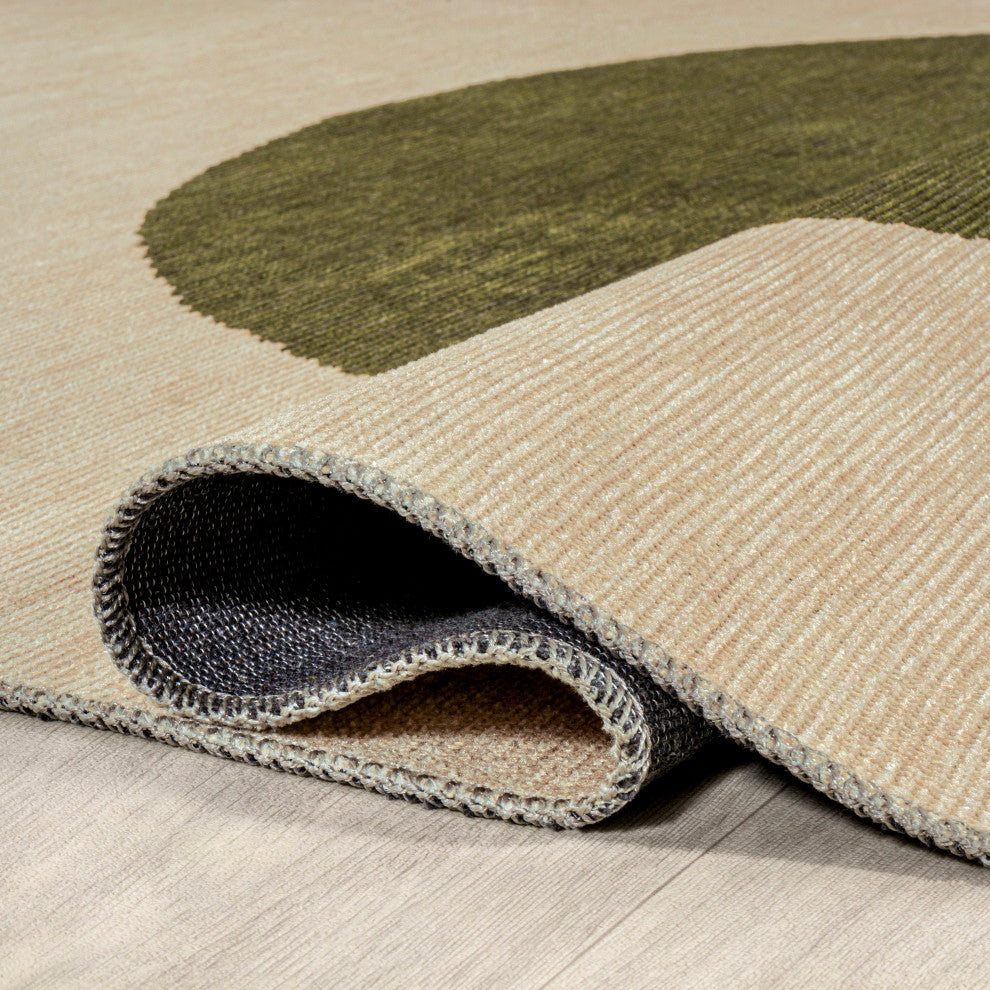 Cirkel Minimalist Geometric Dot Machine-Washable Area Rug, Cream/Olive, 5x8