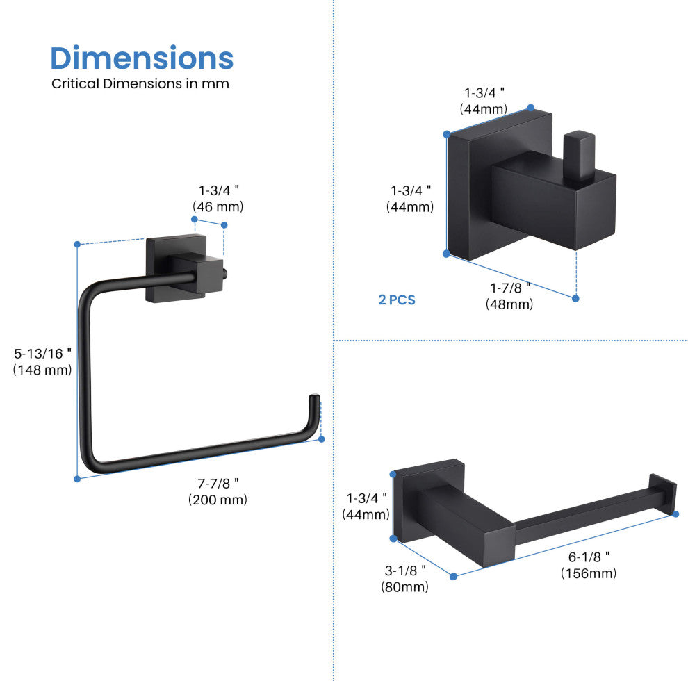Cube 4-Piece Bathroom Hardware Set, Matte Black