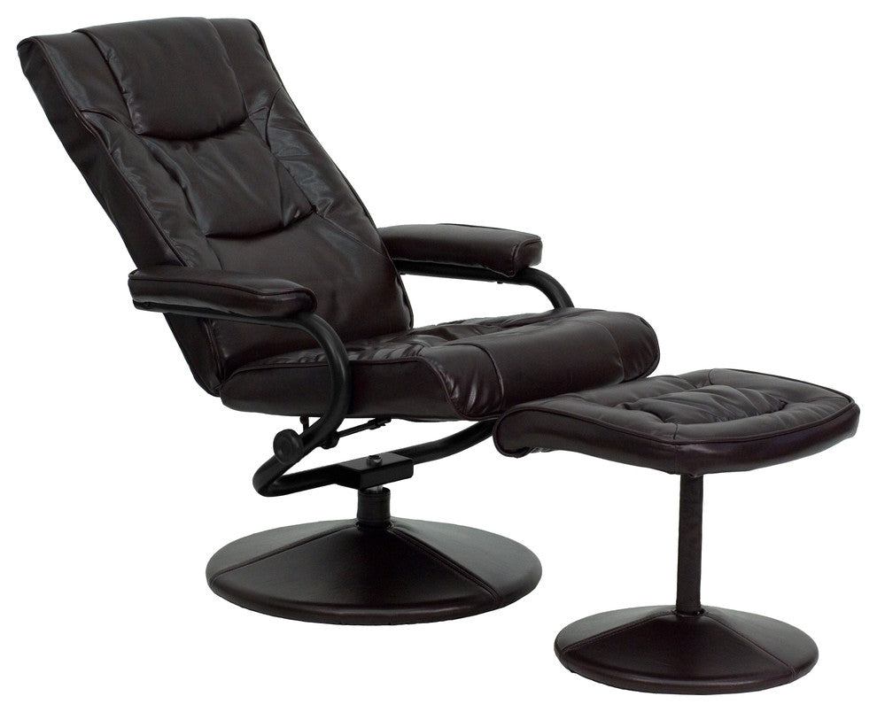 Multi-Position Recliner and Ottoman with Wrapped Base in Brown LeatherSoft