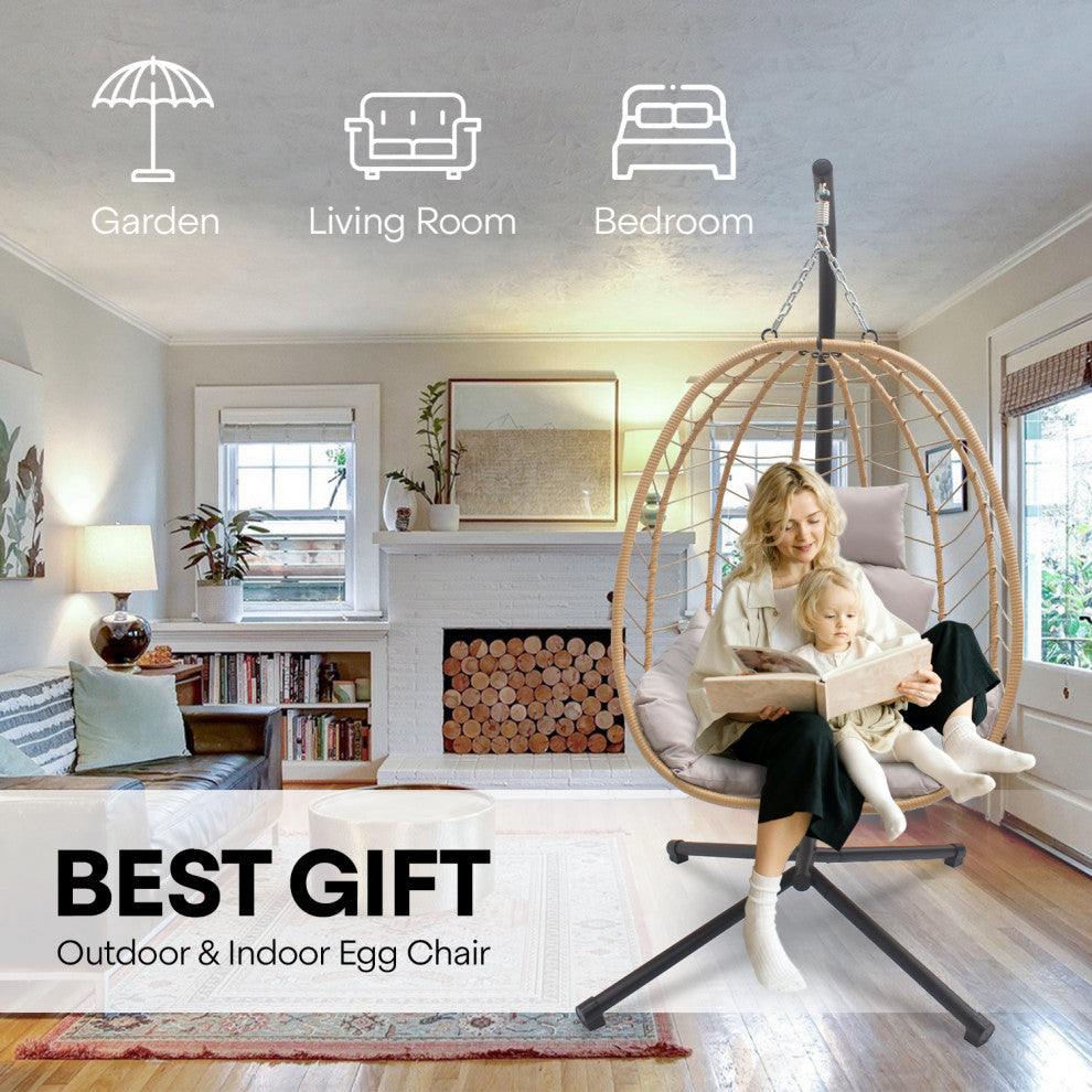 Hanging Egg Chairwith Stand Outdoor Indoor Use Adjustable Height 350lbs Capacity, Beige
