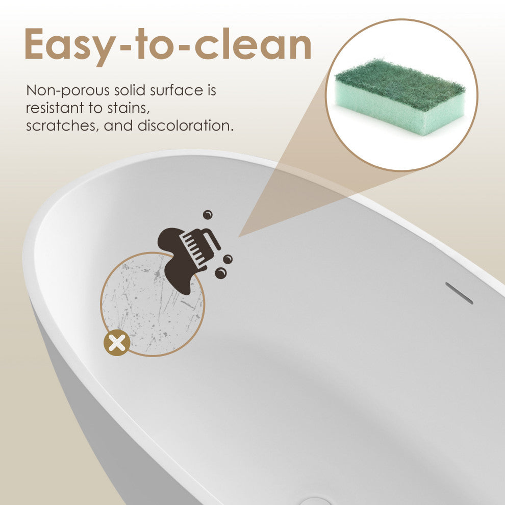 Euston Flatbottom Freestanding Solid Surface Soaking Bathtub, Matte White, 55inch